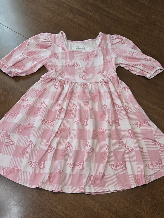 Barbie Other - Barbie Girls Pink White Check Logo Graphic Puff Sleeve Fit & Flare Dress Medium